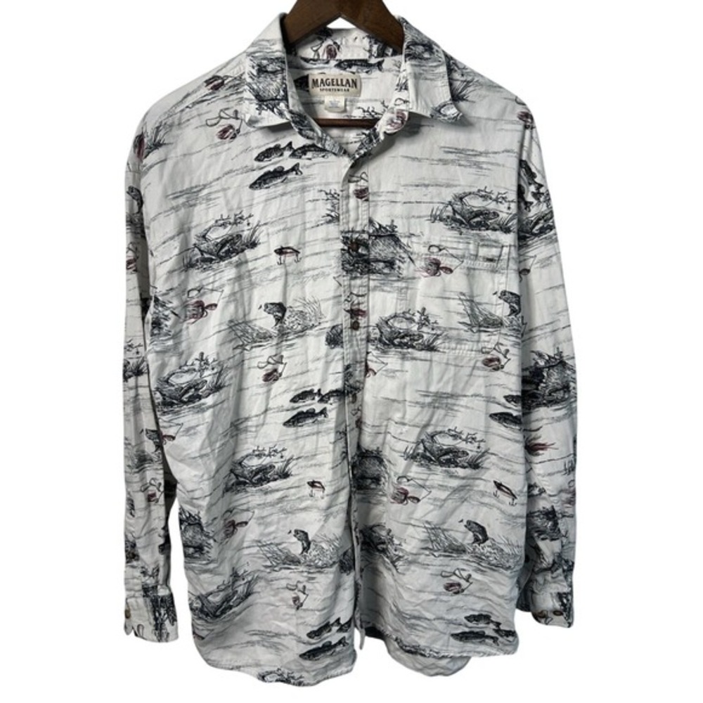 Magellan Sportswear Men‎ XL Brook Trout Fishing White Casual Button Down Shirt